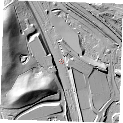 Shaded relief map of the ground around DA101EB, computed from Environment Agency LiDAR. The ground here sits at about 5 m above sea level and falls 39 m across the surrounding 800 m. Surface water reaching this point runs off ground lying to the north-north-east, 10.3 m higher.