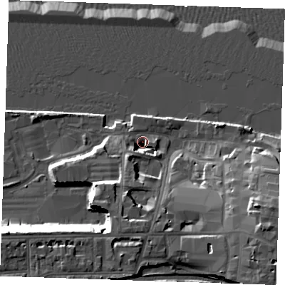 Shaded relief map of the ground around DA110AH, computed from Environment Agency LiDAR. The ground here sits at about 4 m above sea level and falls 23 m across the surrounding 800 m. Surface water reaching this point runs off ground lying to the south-south-west, 17.0 m higher.