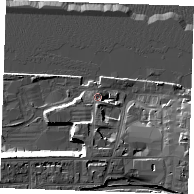 Shaded relief map of the ground around DA110AN, computed from Environment Agency LiDAR. The ground here sits at about 7 m above sea level and falls 23 m across the surrounding 800 m. Surface water reaching this point runs off ground lying to the south-south-west, 13.3 m higher.