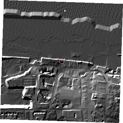 Shaded relief map of the ground around DA110BE, computed from Environment Agency LiDAR. The ground here sits at about 4 m above sea level and falls 22 m across the surrounding 800 m. Surface water reaching this point runs off ground lying to the south-west, 19.6 m higher.