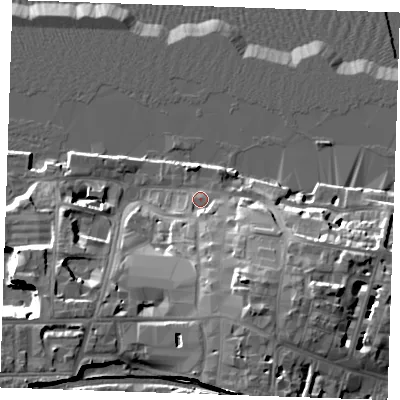 Shaded relief map of the ground around DA110BF, computed from Environment Agency LiDAR. The ground here sits at about 6 m above sea level and falls 23 m across the surrounding 800 m. Surface water reaching this point runs off ground lying to the south, 12.4 m higher.