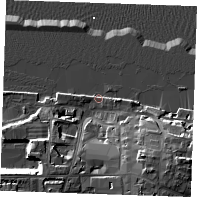 Shaded relief map of the ground around DA110BG, computed from Environment Agency LiDAR. The ground here sits at about 4 m above sea level and falls 22 m across the surrounding 800 m. Surface water reaching this point runs off ground lying to the south-west, 19.4 m higher.