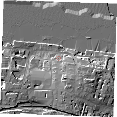 Shaded relief map of the ground around DA110BH, computed from Environment Agency LiDAR. The ground here sits at about 8 m above sea level and falls 23 m across the surrounding 800 m. Surface water reaching this point runs off ground lying to the south-south-east, 13.2 m higher.