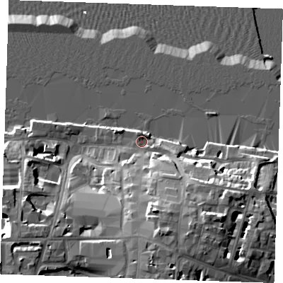 Shaded relief map of the ground around DA110BJ, computed from Environment Agency LiDAR. The ground here sits at about 4 m above sea level and falls 22 m across the surrounding 800 m. Surface water reaching this point runs off ground lying to the south-south-east, 15.7 m higher.