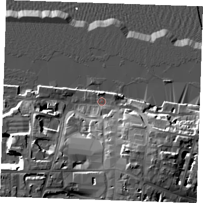 Shaded relief map of the ground around DA110BL, computed from Environment Agency LiDAR. The ground here sits at about 5 m above sea level and falls 22 m across the surrounding 800 m. Surface water reaching this point runs off ground lying to the south-south-east, 12.7 m higher.