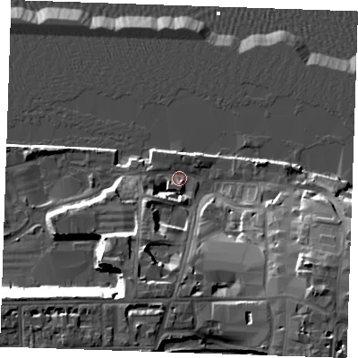 Shaded relief map of the ground around DA110BN, computed from Environment Agency LiDAR. The ground here sits at about 5 m above sea level and falls 22 m across the surrounding 800 m. Surface water reaching this point runs off ground lying to the south-west, 19.5 m higher.