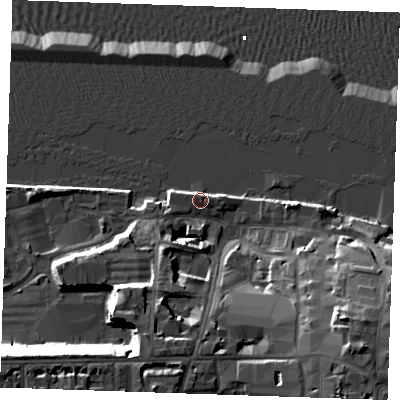 Shaded relief map of the ground around DA110BP, computed from Environment Agency LiDAR. The ground here sits at about 5 m above sea level and falls 22 m across the surrounding 800 m. Surface water reaching this point runs off ground lying to the east, 2.8 m higher.
