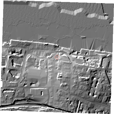 Shaded relief map of the ground around DA110BQ, computed from Environment Agency LiDAR. The ground here sits at about 8 m above sea level and falls 23 m across the surrounding 800 m. Surface water reaching this point runs off ground lying to the south, 13.0 m higher.