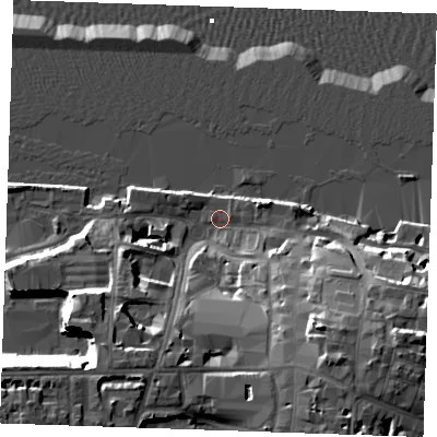 Shaded relief map of the ground around DA110BS, computed from Environment Agency LiDAR. The ground here sits at about 4 m above sea level and falls 22 m across the surrounding 800 m. Surface water reaching this point runs off ground lying to the south-south-east, 13.2 m higher.