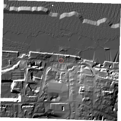 Shaded relief map of the ground around DA110BT, computed from Environment Agency LiDAR. The ground here sits at about 4 m above sea level and falls 22 m across the surrounding 800 m. Surface water reaching this point runs off ground lying to the south-south-east, 13.1 m higher.