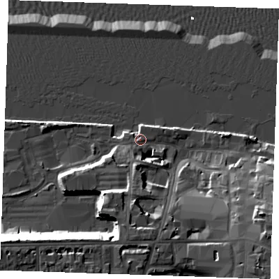 Shaded relief map of the ground around DA110BW, computed from Environment Agency LiDAR. The ground here sits at about 5 m above sea level and falls 23 m across the surrounding 800 m. Surface water reaching this point runs off ground lying to the south-south-west, 14.8 m higher.