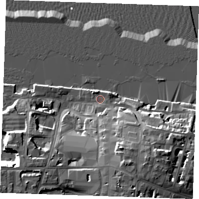 Shaded relief map of the ground around DA110BX, computed from Environment Agency LiDAR. The ground here sits at about 5 m above sea level and falls 22 m across the surrounding 800 m. Surface water reaching this point runs off ground lying to the south, 4.3 m higher.