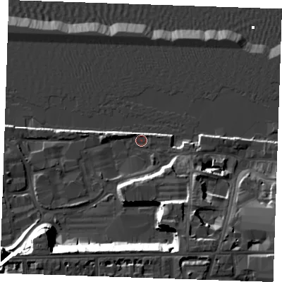 Shaded relief map of the ground around DA110DD, computed from Environment Agency LiDAR. The ground here sits at about 5 m above sea level and falls 23 m across the surrounding 800 m. Surface water reaching this point runs off ground lying to the south-south-east, 12.4 m higher.