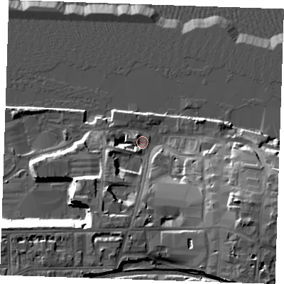 Shaded relief map of the ground around DA110DF, computed from Environment Agency LiDAR. The ground here sits at about 5 m above sea level and falls 22 m across the surrounding 800 m. Surface water reaching this point runs off ground lying to the south-west, 18.1 m higher.