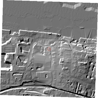 Shaded relief map of the ground around DA110DJ, computed from Environment Agency LiDAR. The ground here sits at about 9 m above sea level and falls 22 m across the surrounding 800 m. Surface water reaching this point runs off ground lying to the south-south-east, 9.0 m higher.