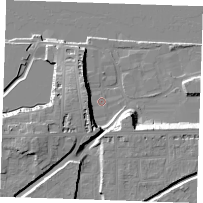 Shaded relief map of the ground around DA110DL, computed from Environment Agency LiDAR. The ground here sits at about 6 m above sea level and falls 26 m across the surrounding 800 m. Surface water reaching this point runs off ground lying to the west-south-west, 23.4 m higher.