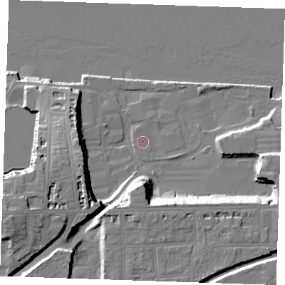 Shaded relief map of the ground around DA110DP, computed from Environment Agency LiDAR. The ground here sits at about 6 m above sea level and falls 26 m across the surrounding 800 m. Surface water reaching this point runs off ground lying to the north-north-west, 0.6 m higher.