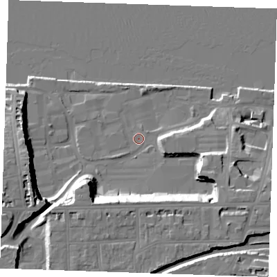 Shaded relief map of the ground around DA110DQ, computed from Environment Agency LiDAR. The ground here sits at about 6 m above sea level and falls 23 m across the surrounding 800 m. Surface water reaching this point runs off ground lying to the east-south-east, 5.6 m higher.