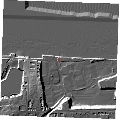Shaded relief map of the ground around DA110DY, computed from Environment Agency LiDAR. The ground here sits at about 5 m above sea level and falls 29 m across the surrounding 800 m. Surface water reaching this point runs off ground lying to the south-south-west, 21.1 m higher.
