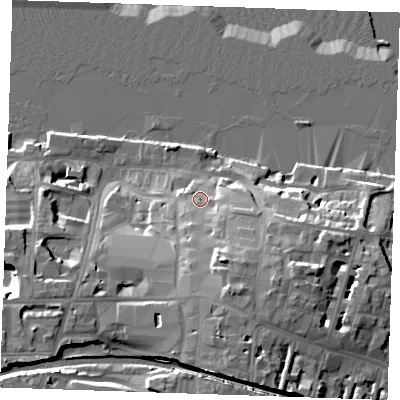 Shaded relief map of the ground around DA110WH, computed from Environment Agency LiDAR. The ground here sits at about 9 m above sea level and falls 23 m across the surrounding 800 m. Surface water reaching this point runs off ground lying to the south-south-east, 12.2 m higher.