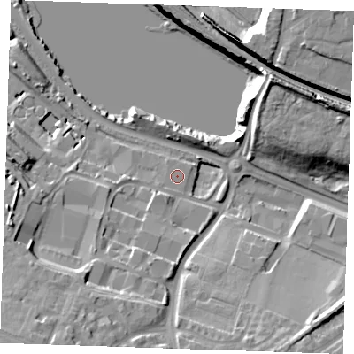 Shaded relief map of the ground around DA118HN, computed from Environment Agency LiDAR. The ground here sits at about 7 m above sea level and falls 26 m across the surrounding 800 m. Surface water reaching this point runs off ground lying to the south-south-west, 0.5 m higher.