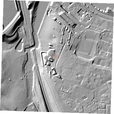 Shaded relief map of the ground around DA118JJ, computed from Environment Agency LiDAR. The ground here sits at about 17 m above sea level and falls 28 m across the surrounding 800 m. Surface water reaching this point runs off ground lying to the south, 12.1 m higher.