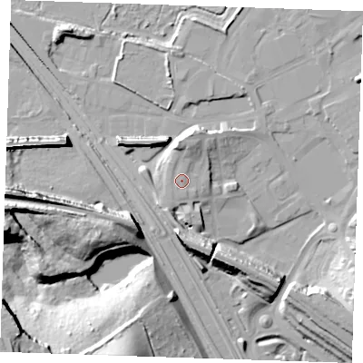 Shaded relief map of the ground around DA119AB, computed from Environment Agency LiDAR. The ground here sits at about 9 m above sea level and falls 32 m across the surrounding 800 m. Surface water reaching this point runs off ground lying to the north, 3.7 m higher.