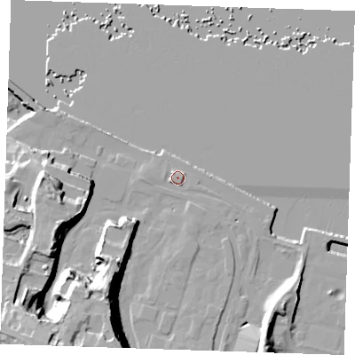 Shaded relief map of the ground around DA119AN, computed from Environment Agency LiDAR. The ground here sits at about 7 m above sea level and falls 30 m across the surrounding 800 m. Surface water reaching this point runs off ground lying to the south-south-east, 2.0 m higher.