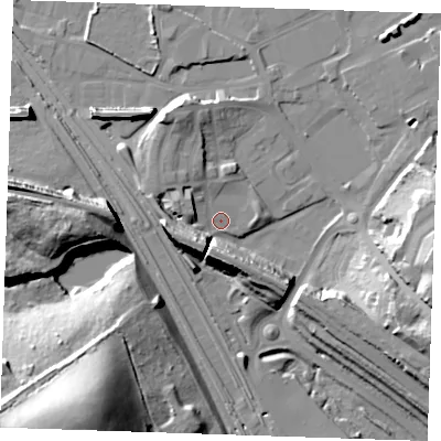 Shaded relief map of the ground around DA119AW, computed from Environment Agency LiDAR. The ground here sits at about 5 m above sea level and falls 40 m across the surrounding 800 m. Surface water reaching this point runs off ground lying to the west-south-west, 12.9 m higher.