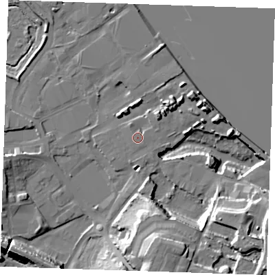 Shaded relief map of the ground around DA119AX, computed from Environment Agency LiDAR. The ground here sits at about 5 m above sea level and falls 23 m across the surrounding 800 m. Surface water reaching this point runs off ground lying to the north-east, 1.5 m higher.