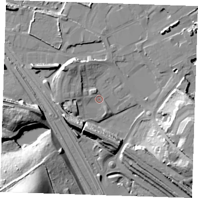 Shaded relief map of the ground around DA119AZ, computed from Environment Agency LiDAR. The ground here sits at about 5 m above sea level and falls 38 m across the surrounding 800 m. Surface water reaching this point runs off ground lying to the south-east, 21.6 m higher.