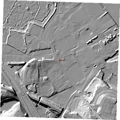 Shaded relief map of the ground around DA119BA, computed from Environment Agency LiDAR. The ground here sits at about 4 m above sea level and falls 23 m across the surrounding 800 m. Surface water reaching this point runs off ground lying to the south-west, 15.2 m higher.