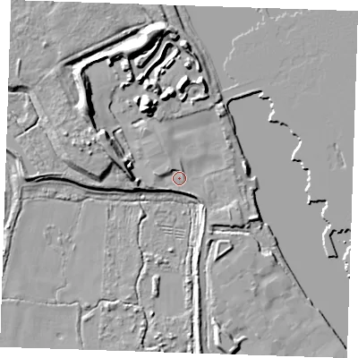 Shaded relief map of the ground around DA119BB, computed from Environment Agency LiDAR. The ground here sits at about 5 m above sea level and falls 14 m across the surrounding 800 m. Surface water reaching this point runs off ground lying to the west, 2.1 m higher.
