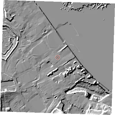 Shaded relief map of the ground around DA119BD, computed from Environment Agency LiDAR. The ground here sits at about 5 m above sea level and falls 17 m across the surrounding 800 m. Surface water reaching this point runs off ground lying to the north-north-east, 0.7 m higher.