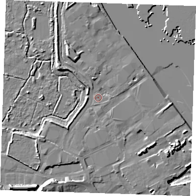 Shaded relief map of the ground around DA119BG, computed from Environment Agency LiDAR. The ground here sits at about 4 m above sea level and falls 18 m across the surrounding 800 m. Surface water reaching this point runs off ground lying to the north-north-west, 2.8 m higher.