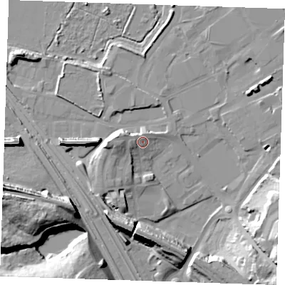 Shaded relief map of the ground around DA119BH, computed from Environment Agency LiDAR. The ground here sits at about 7 m above sea level and falls 23 m across the surrounding 800 m. Surface water reaching this point runs off ground lying to the west-north-west, 4.8 m higher.