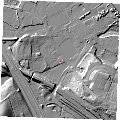 Shaded relief map of the ground around DA119BJ, computed from Environment Agency LiDAR. The ground here sits at about 4 m above sea level and falls 38 m across the surrounding 800 m. Surface water reaching this point runs off ground lying to the south-east, 23.4 m higher.