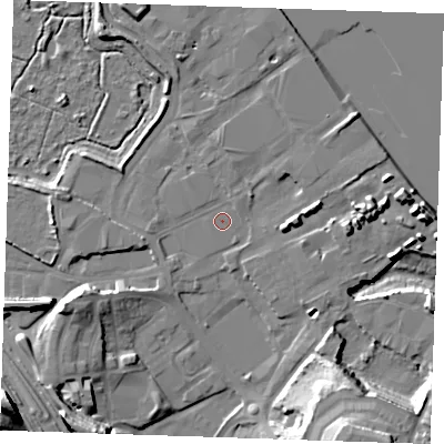 Shaded relief map of the ground around DA119BL, computed from Environment Agency LiDAR. The ground here sits at about 4 m above sea level and falls 23 m across the surrounding 800 m. Surface water reaching this point runs off ground lying to the east, 6.0 m higher.
