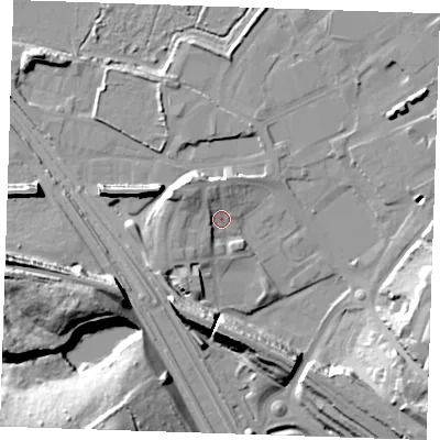 Shaded relief map of the ground around DA119BY, computed from Environment Agency LiDAR. The ground here sits at about 5 m above sea level and falls 24 m across the surrounding 800 m. Surface water reaching this point runs off ground lying to the west-north-west, 7.3 m higher.