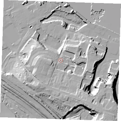 Shaded relief map of the ground around DA119DJ, computed from Environment Agency LiDAR. The ground here sits at about 17 m above sea level and falls 34 m across the surrounding 800 m. Surface water reaching this point runs off ground lying to the south-south-west, 7.8 m higher.