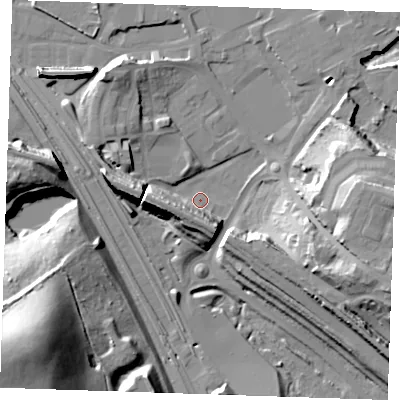 Shaded relief map of the ground around DA119DT, computed from Environment Agency LiDAR. The ground here sits at about 3 m above sea level and falls 41 m across the surrounding 800 m. Surface water reaching this point runs off ground lying to the east-south-east, 22.3 m higher.
