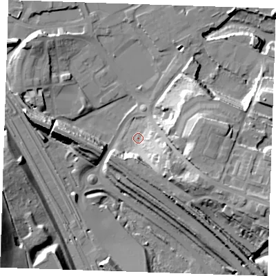 Shaded relief map of the ground around DA119DU, computed from Environment Agency LiDAR. The ground here sits at about 5 m above sea level and falls 28 m across the surrounding 800 m. Surface water reaching this point runs off ground lying to the south-east, 16.7 m higher.