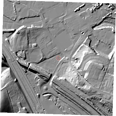 Shaded relief map of the ground around DA119DZ, computed from Environment Agency LiDAR. The ground here sits at about 2 m above sea level and falls 39 m across the surrounding 800 m. Surface water reaching this point runs off ground lying to the south-east, 23.4 m higher.