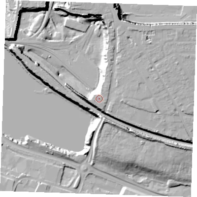 Shaded relief map of the ground around DA119FD, computed from Environment Agency LiDAR. The ground here sits at about 25 m above sea level and falls 33 m across the surrounding 800 m. Surface water reaching this point runs off ground lying to the west-south-west, 0.7 m higher.
