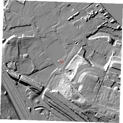 Shaded relief map of the ground around DA119GN, computed from Environment Agency LiDAR. The ground here sits at about 4 m above sea level and falls 27 m across the surrounding 800 m. Surface water reaching this point runs off ground lying to the south-east, 22.7 m higher.