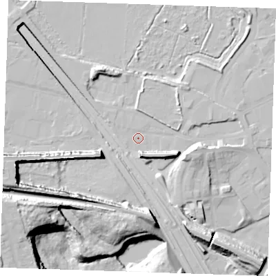 Shaded relief map of the ground around DA119SR, computed from Environment Agency LiDAR. The ground here sits at about 3 m above sea level and falls 36 m across the surrounding 800 m. Surface water reaching this point runs off ground lying to the south-west, 30.7 m higher.