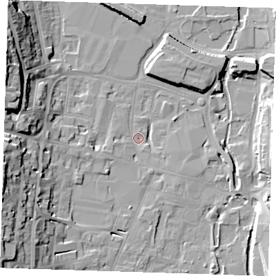 Shaded relief map of the ground around DA11AB, computed from Environment Agency LiDAR. The ground here sits at about 4 m above sea level and falls 23 m across the surrounding 800 m. Surface water reaching this point runs off ground lying to the west-south-west, 20.5 m higher.