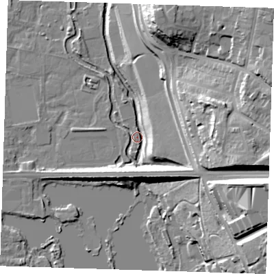 Shaded relief map of the ground around DA11AJ, computed from Environment Agency LiDAR. The ground here sits at about 6 m above sea level and falls 34 m across the surrounding 800 m. Surface water reaching this point runs off ground lying to the east-south-east, 33.8 m higher.