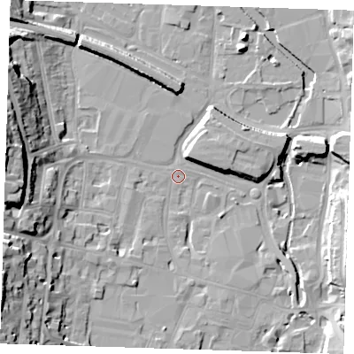Shaded relief map of the ground around DA11AS, computed from Environment Agency LiDAR. The ground here sits at about 4 m above sea level and falls 23 m across the surrounding 800 m. Surface water reaching this point runs off ground lying to the west-south-west, 21.9 m higher.