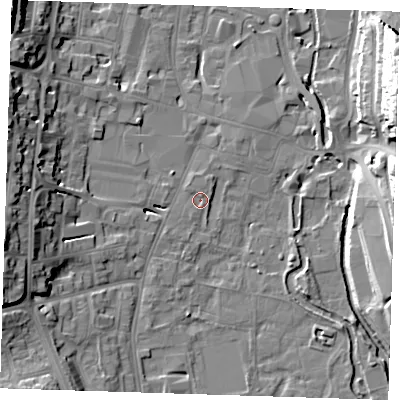 Shaded relief map of the ground around DA11AX, computed from Environment Agency LiDAR. The ground here sits at about 5 m above sea level and falls 25 m across the surrounding 800 m. Surface water reaching this point runs off ground lying to the south-south-west, 4.9 m higher.
